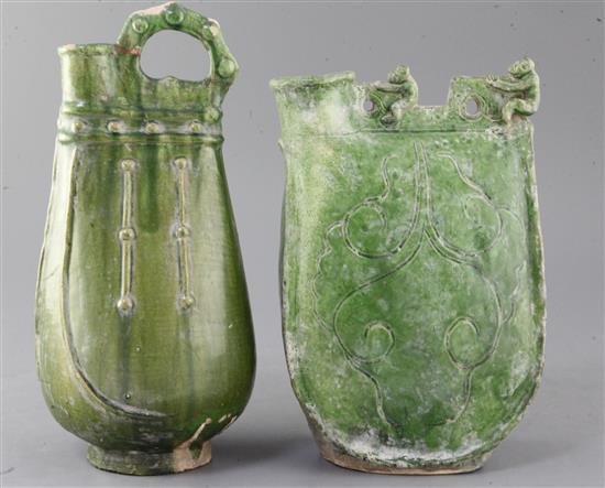 Two Chinese green-glazed flasks, possibly Liao dynasty, 26.5cm and 29.5cm
